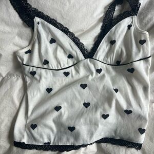 Black and White Heart Print Lace Trim Camisole